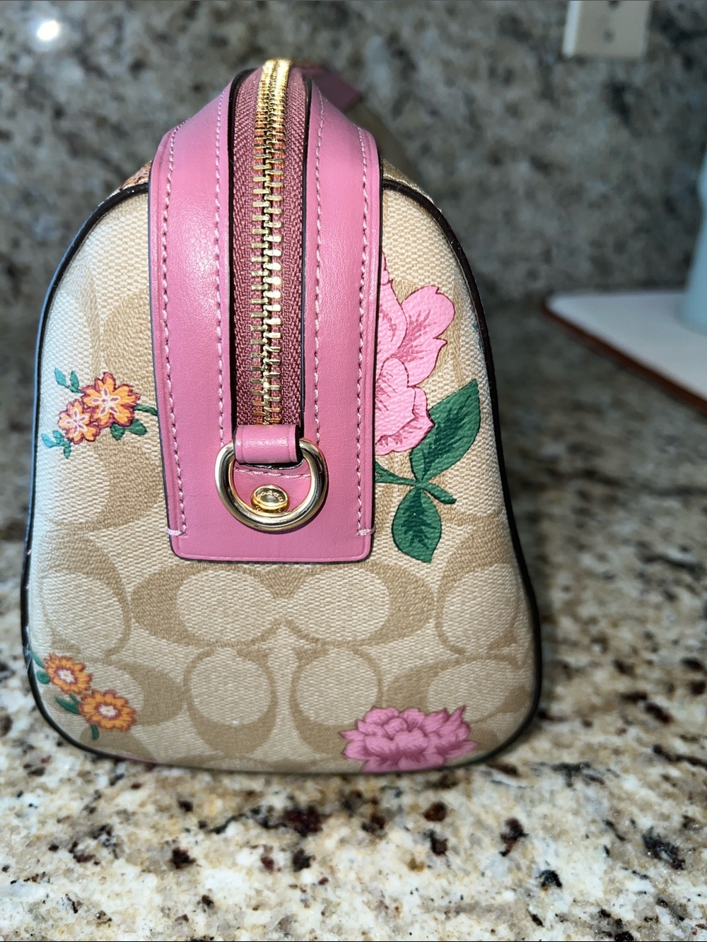 Coach Beige Signature Floral Satchel with Pink Trim and Green Leaves - Picture 4 of 8
